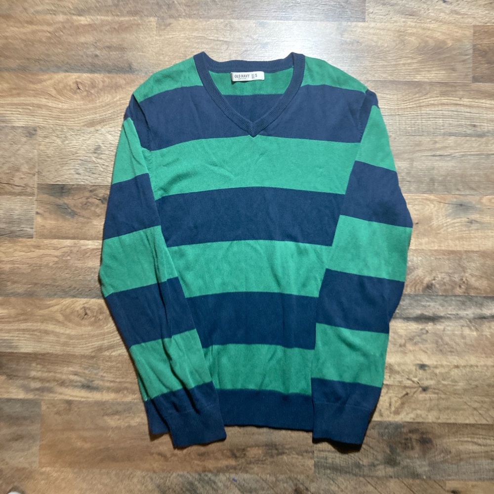 Old Navy V-Neck Sweater in Green and Navy Stripes